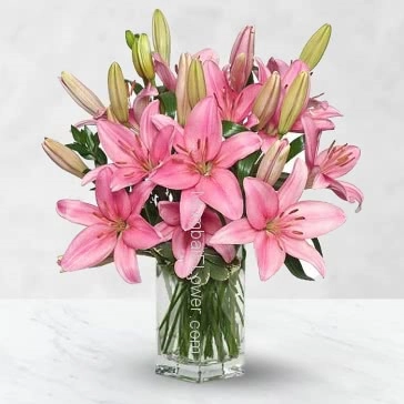 Glass Vase with 10 Stems of Rich Beautiful Asiatic Pink Lilies the best way to make your special one special!