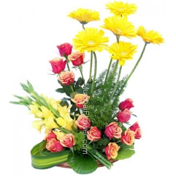 The special flowers are arranged specially in flowers Arrangement of 6 Yellow Gerberas, 15 Pink Roses and 5 Yellow Roses 