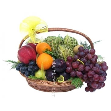 Wish that person get well soon, who is suffering from illness, A basket of mixed fruits.