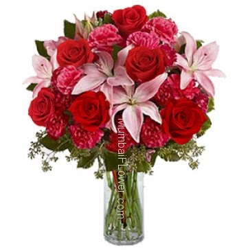 Glass Vase with 10 Red Roses, 10 Pink Carnation and 3 PC Asiatic Pink Lilies with greens