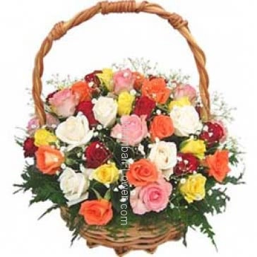 Beautiful Basket of 30 Mixed Roses a divine combination will fill its colors in your Loves heart.