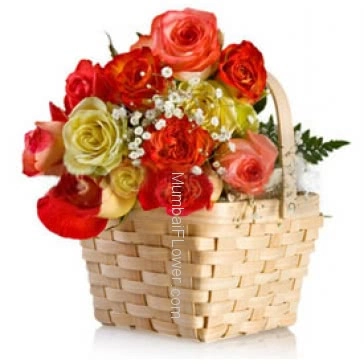 Lovely combination of beautfiful colors of roses in a Basket of 30 Mixed Roses for Valentines Day