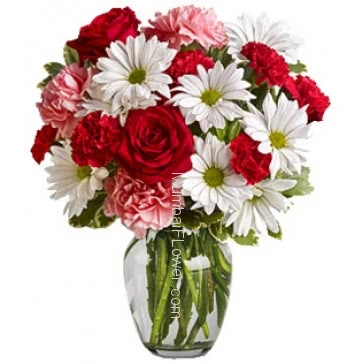 Glass Vase with 20 Red and Pink Carnation, 10 Red Roses and 10 White Gerberas with greens