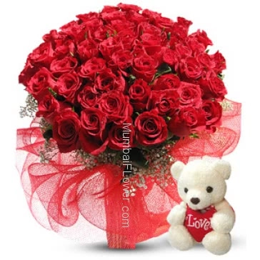 Send Message of your heart to your loves heart with this beautiful Bunch of 100 Valentine Red Roses to express your love with cute lovely teddy. 