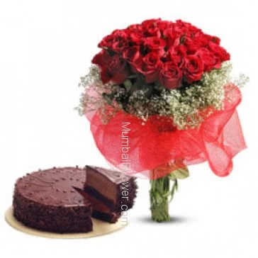 A most romantic gift to your love, Bunch of 30 Red Roses. Half kg Chocolate Truffle Cake. 