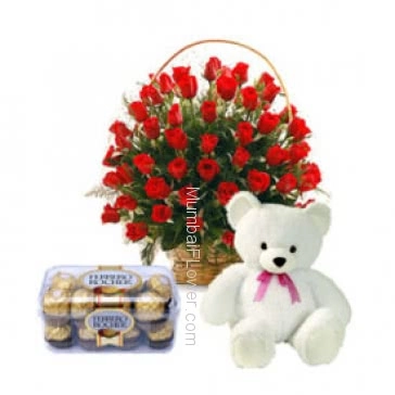 Basket of 40 Red Roses. 16 pc Ferrero Rocher Chocolate and 6 Inch Teddy will make recipients evening.