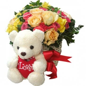 A lovely Love Bouquet to your love, Cute 30 Mixed Roses With Cute 6 Inch Teddy