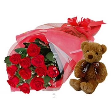 Cute Bunch of 12 Red Roses and 12 Inch Teddy for your Valentine. Teddy per Color availability