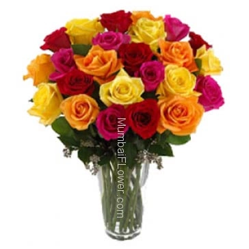 Valentine Special Product a colorful roses arranged beautifully in a Simple Glass Vase. 40 Mixed Colored Roses