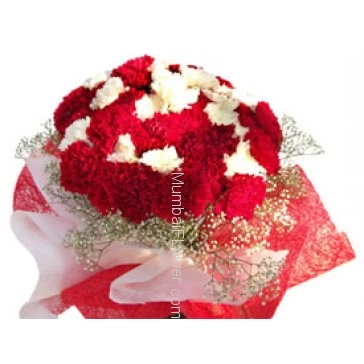 Lovely Bunch of 40 Red and White Carnations beautifully decorated with red and white nets.