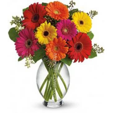 Assorted 15 Mixed Gerberas in a Vase a colorful gift.