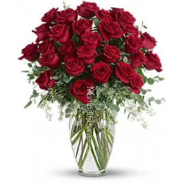 30 Valentine Red Roses in a Simple Glass Vase for your Love