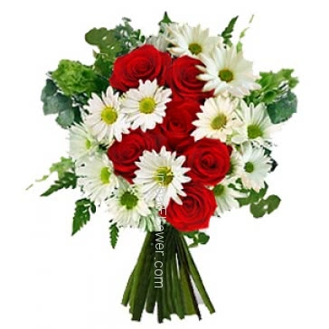Bunch of Red Roses and White Gerberas an eye catching arrangement. 10 Red Roses and 15 White Gerberas 