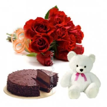 Wonderful gift combo,Valentine Bunch of 12 Red Roses. Half kg Chocolate Truffle Cake and 6 Inch Teddy