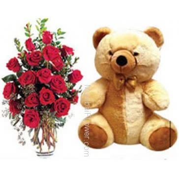 A lovely gift combo, Cute 20 Valentines Day Red Roses in a Simple Glass Vase with 12 inch Teddy on Valentineday.