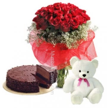 Present to your love, Bunch of 30 Red Roses. Half kg Chocolate Truffle Cake and 6 Inch Teddy.