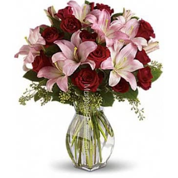 Valentine Red Roses and Pink Lilies in a Simple Glass Vase. 20 Red Roses and 8 PC Pink Asiatic Lilies