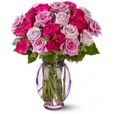 Beautiful Bright 30 Red and Pink Roses in a Simple Glass Vase.