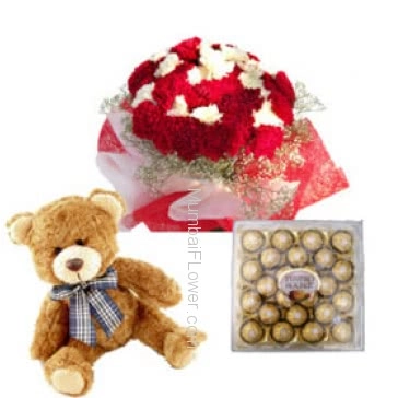 A wonderful gift combo, Bunch of 30 Red and White Carnations. 24 pc Ferrero Rocher and 12 Inch Teddy 