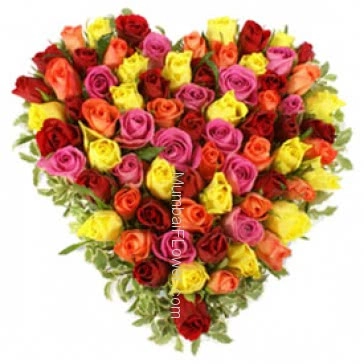 Colorful 100 Mixed Roses in a Heart Shape for Valentines Day.