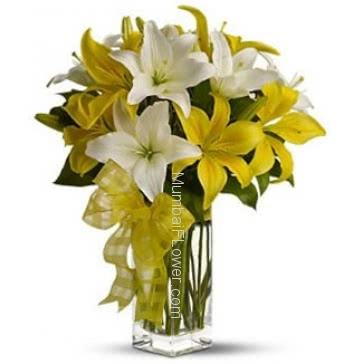 10 pc Asiatic White and Yellow Lilies in a Simple Glass Vase for your Love, a beautiful combination of colors.