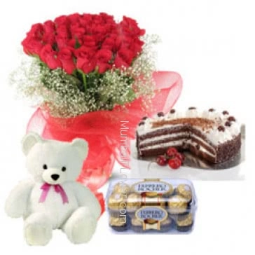 For your love a Valentine gift combo, Bunch of 20 Red Roses. Half kg Black forest Cake. 16 pc Ferrero Rocher and Teddy