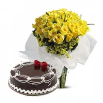 Friends forever friendship combo, Bunch of 30 Yellow Roses and Half kg Chocolate Cake. 