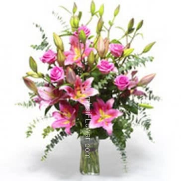 A most romantic Cool 10 Pink Roses and 5 pc Asiatic Pink Lilies in a Simple Glass Vase