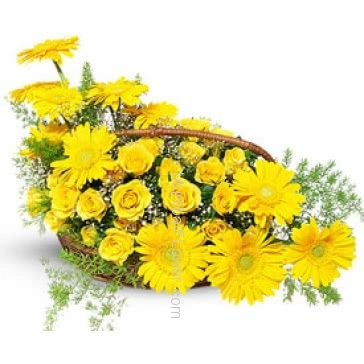 Mixed Friendship Flowers in a Basket, decorated beautifully. 30 Roses and 10 Gerberas