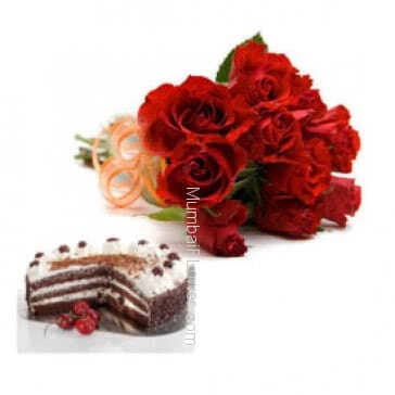 Valentine Bunch of 12 Red Roses and Half kg Black forest Cake for your love.