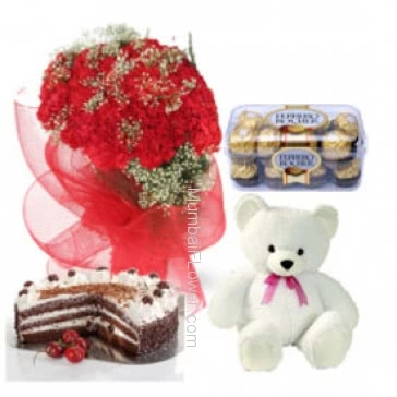Romantic combo of Bunch of 20 Red Carnations. Half kg Black forest Cake. 16 pc Ferrero Rocher and Teddy