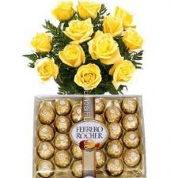 Bunch of 12 Yellow Roses and 24 pc Ferraro Rocher Chocolates