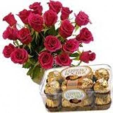 Bunch of 20 Red Roses and 16 Pc Ferraro Rocher Chocolates