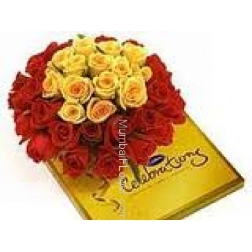 Bunch of 40 Mixed Yellow and Red Roses and Cadbury Calibration Chocolates