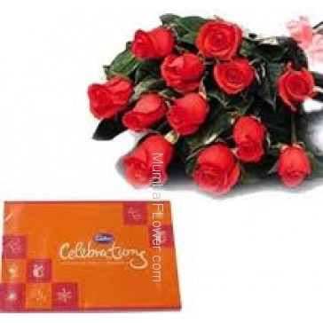 Bunch of 12 Red Roses and Cadbury Celebration Chocolates