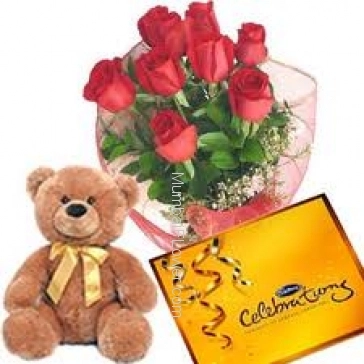 12 inch Teddy Bunch of 12 Red Roses and Cadbury Celebration Chocolates