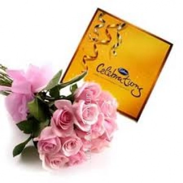Bunch of 12 Pink Roses and Cadbury Celebration Chocolates