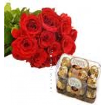 bunch of 12 Red Roses and 16 pc Ferrero Rocher Chocolate