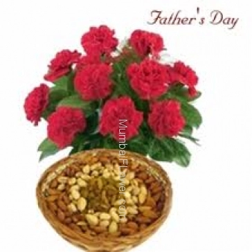 Bunch of 12 Red Carnation and Pack of Half kg Mixed Dry Fruit 