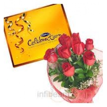 Bunch of 12 Red Roses and Cadbury Celebration Chocolates
