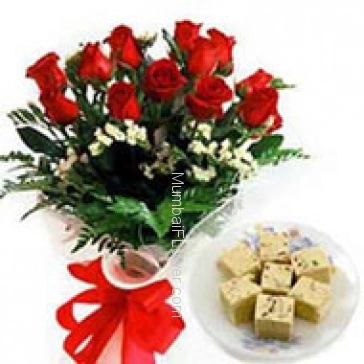 Bunch of 12 Red Roses and Pack of Half kg Soan Papdi 