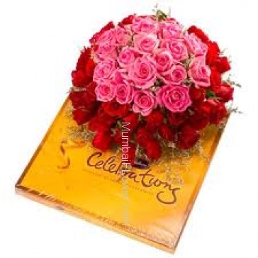 Bunch of 40 Pink and Red Roses and CadBury Celebration Chocolate 