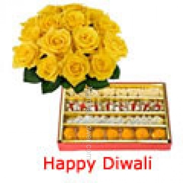 Bunch of 12 Yellow Roses and Pack of 1 kg Assorted Mithai