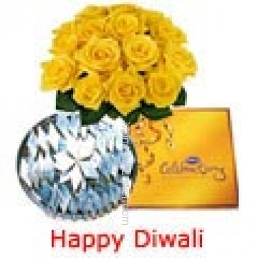 Bunch of 20 Yellow Roses, Pack of 1 kg Kajukatli and Big CadBury Celebration