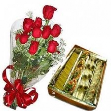 Bunch of 12 Red Roses, Pack of 1 kg Assorted Mithai