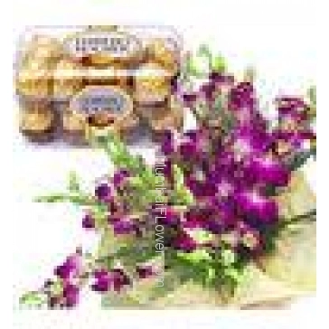 Bunch Of 10 Purple Orchid and 16 Pc Ferrero Rocher Chocolate
