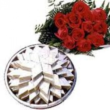 Bunch of 12 Red Roses and Half Kg. Kaju Katli