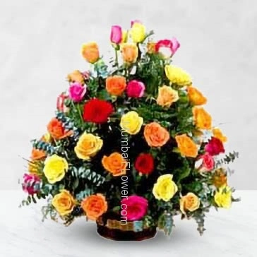 Colorful flowers to fill the heart with colors Bouquet of 30 Mixed Roses with fillers and greens nicely decorated.