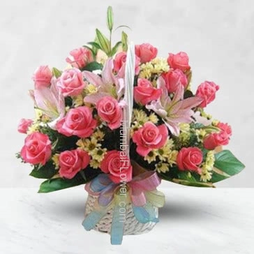 Basket of 30 Pink Roses and 3 pc Asiatic Pink Lilies nicely decorated with Greens.