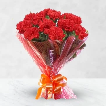 Bunch of 20 Red Carnation nicely decorated with Ribbons. Send to your love ones to express your feeling